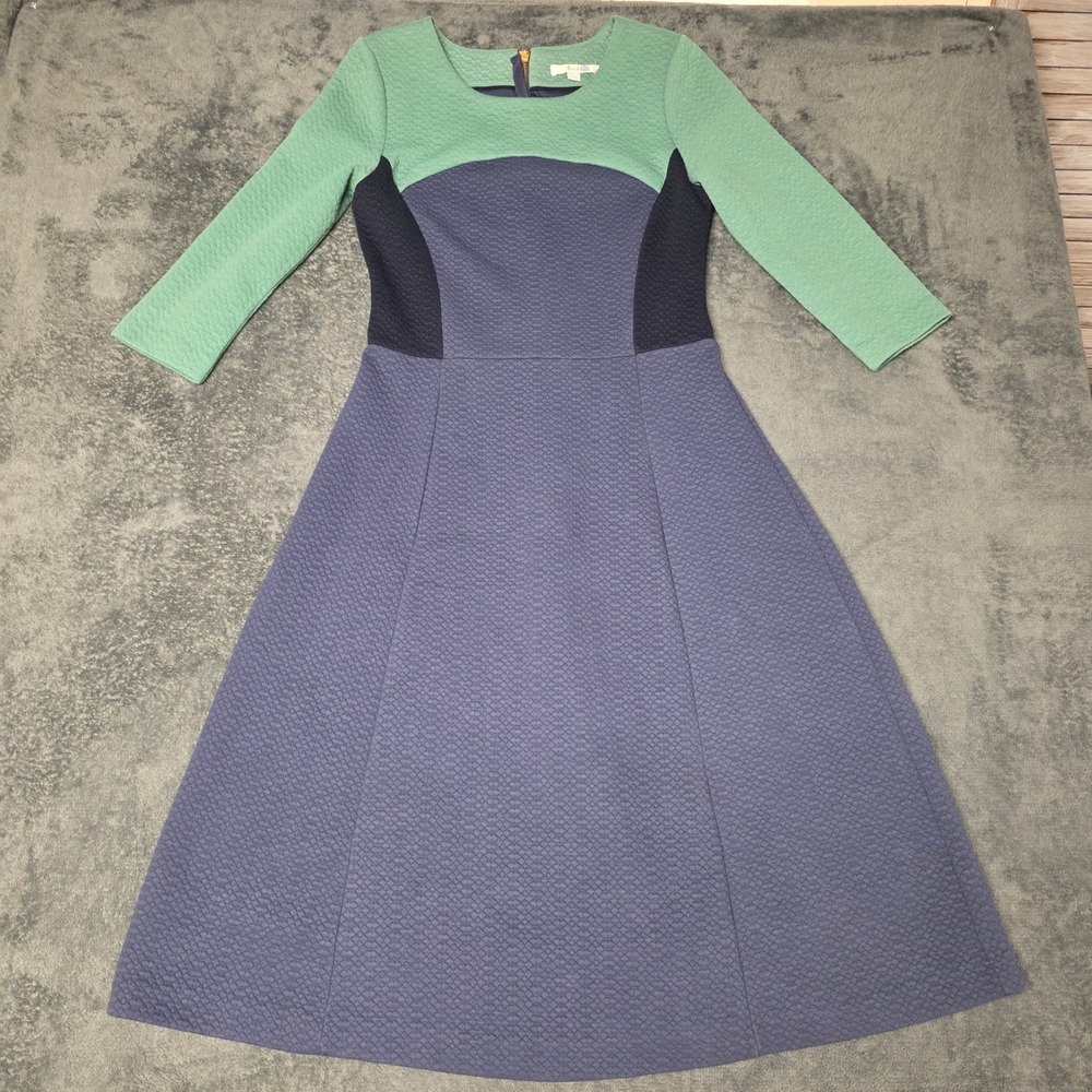Boden Curve and Flare Dress Womens 6L Quilted Navy Blue Teal Fall Quiet Luxury
